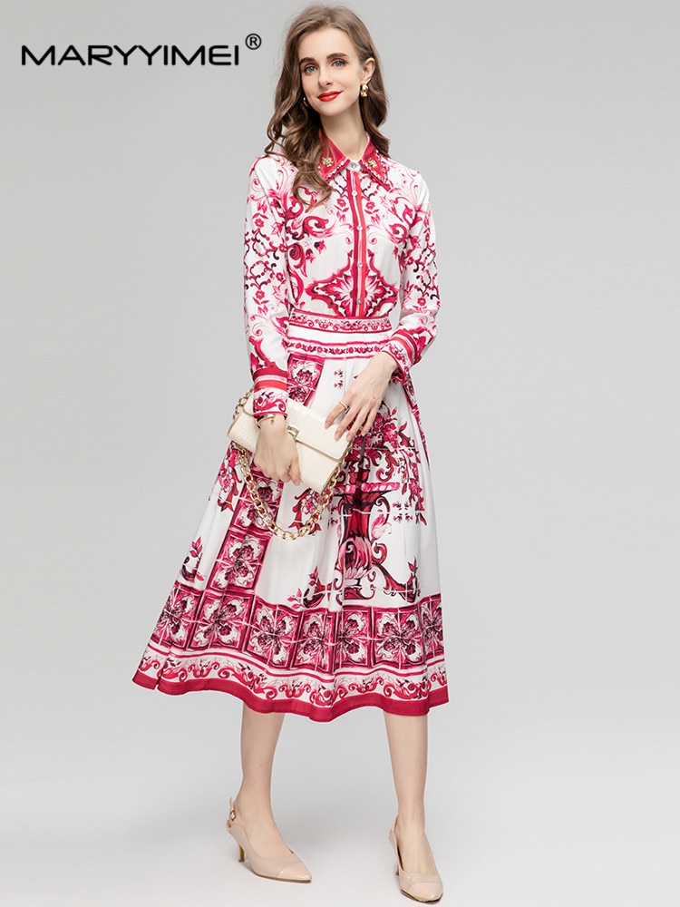 MARYYIMEI 2023 Autumn Fashion Vintage Printed Suit Beading Peter pan Collar Single Breasted Shirt＋Mid Length Skirt