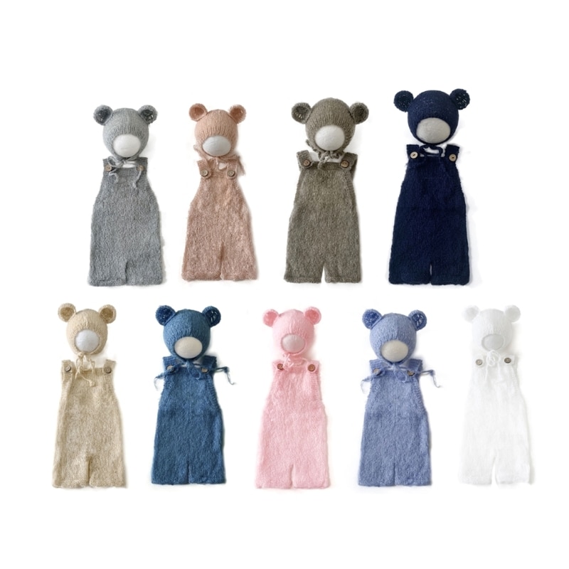 Bear Hat Bonnet Romper set Newborn Photography Props Baby Boy Girl Photo