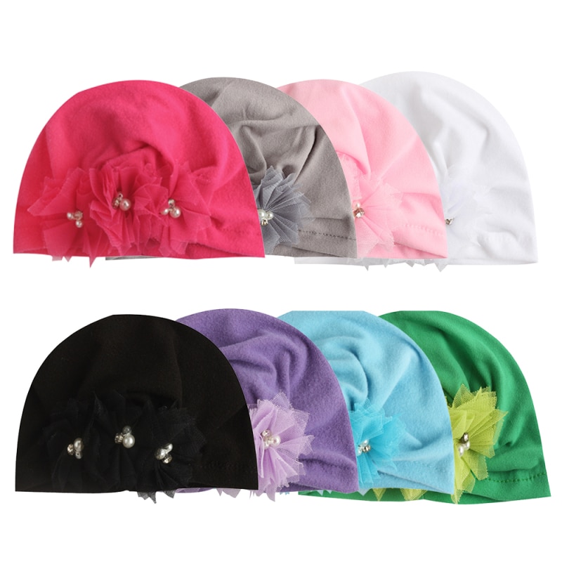 Soft Newborn Girls Three Diamond Lace Floral Pullover Hat Cap Protective For Children Autumn And Winter Infant Baby Beanie