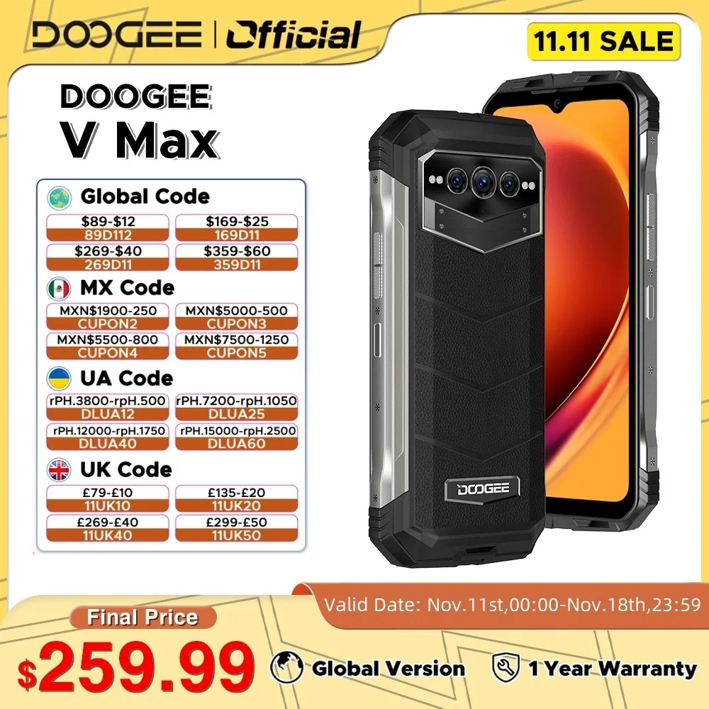 DOOGEE V Max Rugged Phone 5G 6.58" 120Hz Dimensity 1080 Hi-Res 12GB RAM+256GB ROM108MP AI Main Camera Octa Core 22000mAh Ba
