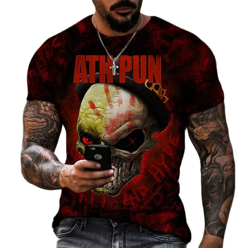 New Summer Men'S Skull Horror 3d Printed T-Shirt Street Harajuku Vintage O Neck Short Sleeve Loose Personality Plus Size To