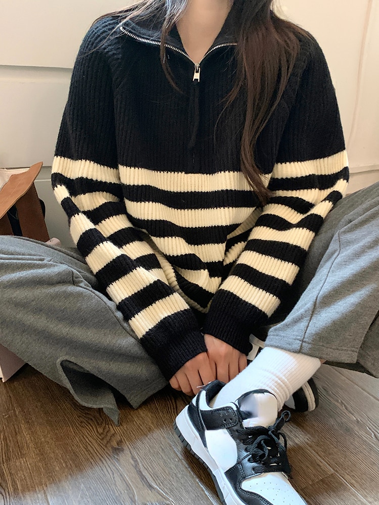 Zipper Sweater Woman Half Turtleneck Stripe LOOSE Fashion Women Sweaters 2023 Autumn and Winter New Turtleneck Warm Pullovers
