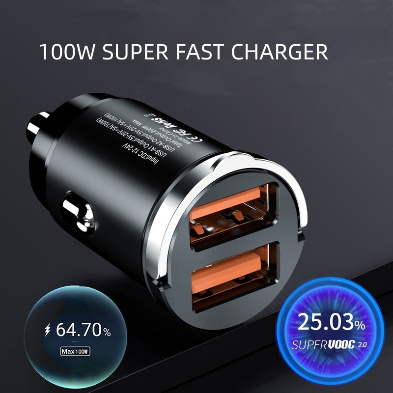 100W Car USB Charger Super Charge USB-A USB-C Cigarette Lighter Adapter Hidden Phone Charger for IPhone Huawei Samsung