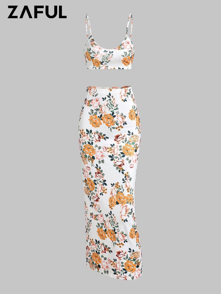 ZAFUL Two Piece Set Outfits For Women Matching Retro Flower Printed Crop Cami Top Sleeveless And Back Slit Skirt Set Bodycon