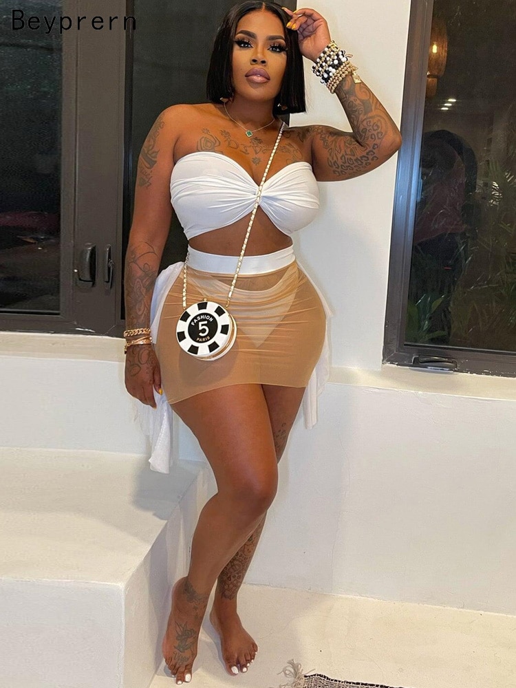 Beyprern Chic Nude Mesh Patchwork Crop Top And Ruffles Skirt Set Party Clubwear Woman Clothing Set Outfits Beach Wear Swimwear