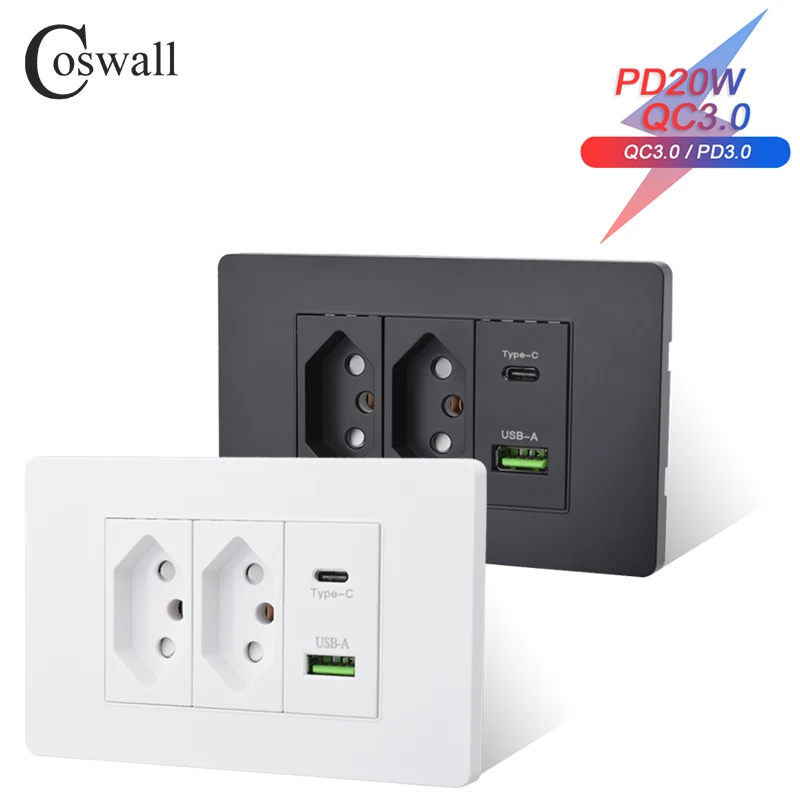 Coswall PC Brazil Standard 20A Power Socket PD 3.0 20W Type-C Dual USB Fast Charge Outlet Switzerland Wall Socket 118*72mm