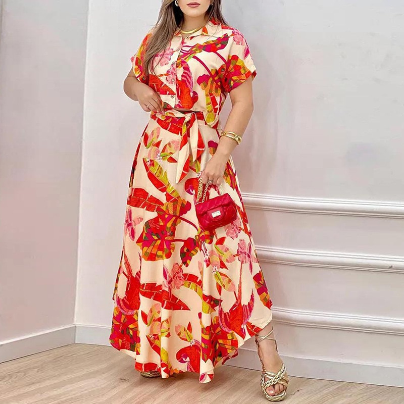 2023 Women Two Piece Suits Print Lace Up Short Sleeve Long Skirt Sets Turn Down Collar Single Breasted Top Casual Slim Fit