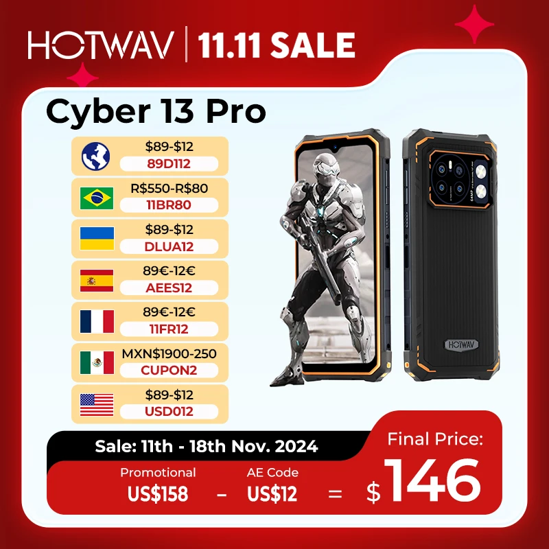 HOTWAV Cyber 13 Pro Rugged Smartphone 150LM Flashlight 20GB+256GB 6.6'' FHD+ 2K Display MobilePhone 10800mAh 64MP Cell