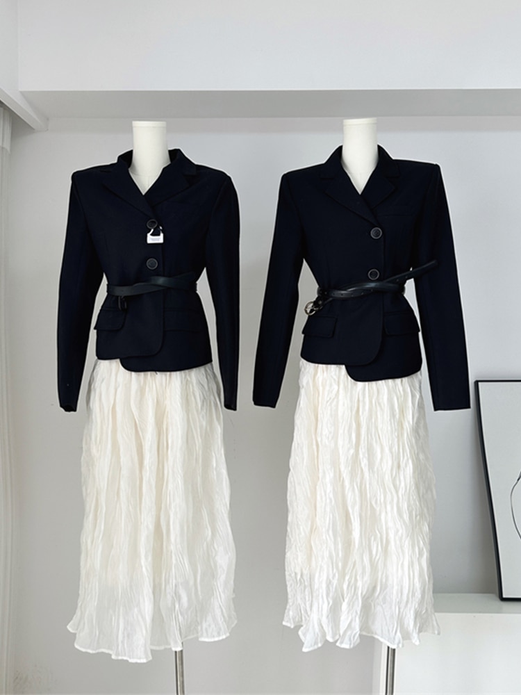 High Quality Formal Occasion Fashion 2 Piece Skirt Set Women Office Lady Coat Long Sleeved +Elastic Waist Pleated Skirt French