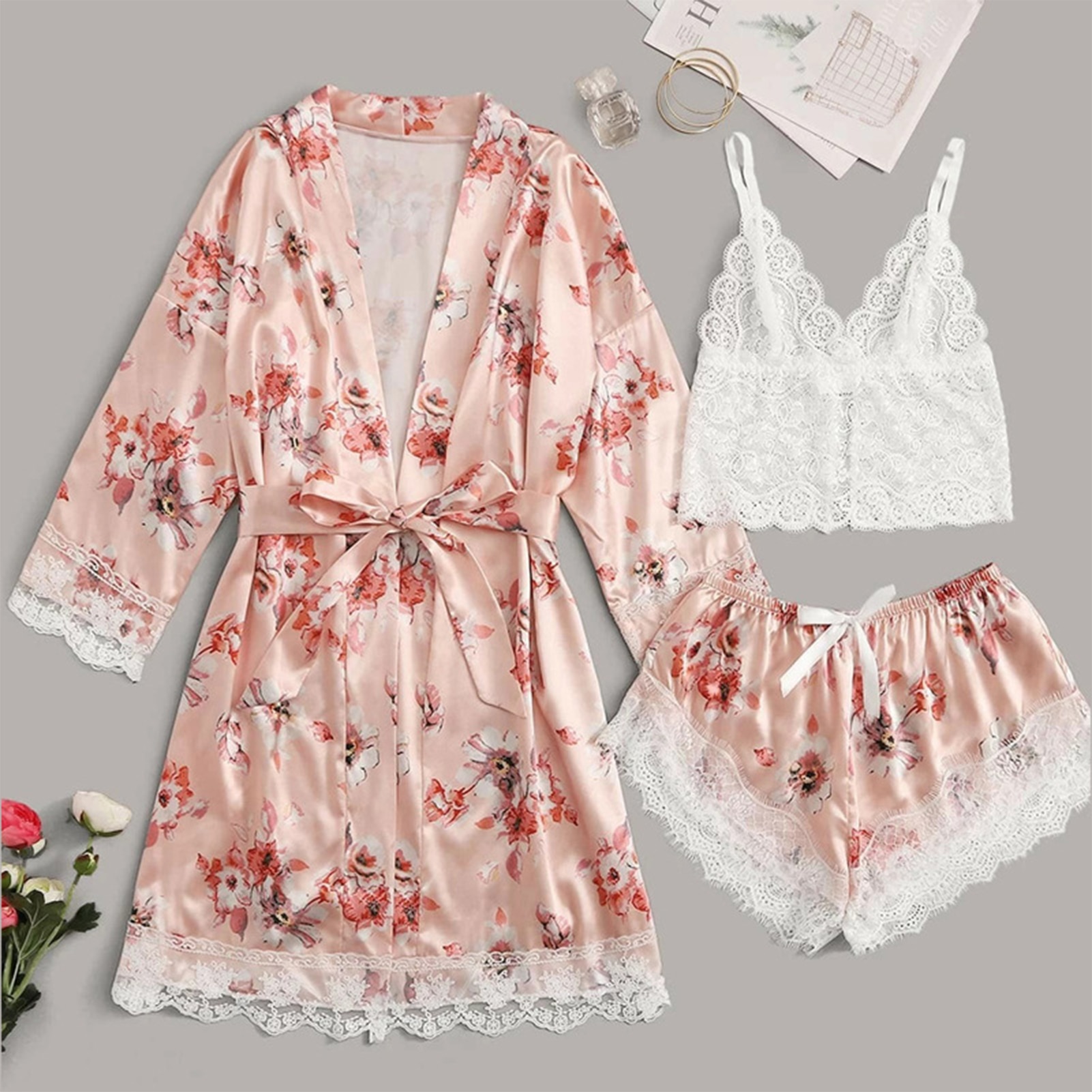 Floral Print Pajama Set Women Lace Dress Sleepwear 3 Piece Cami Top Shorts with Robe Lace Bathrobe Sexy Lingerie Night Gown