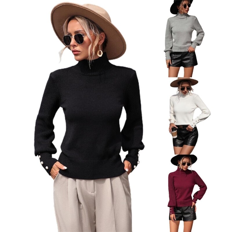 Fashionable High Necked Knit Sweater for Women Stylish Long Sleeve Solid Color Pullover Top