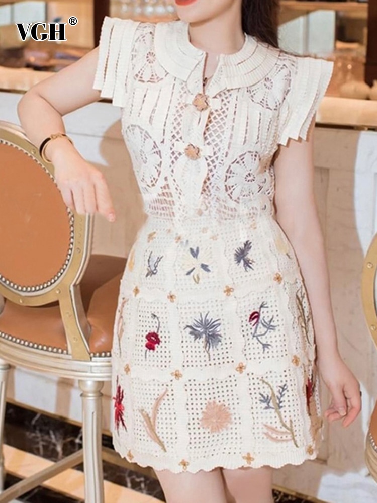 VGH Embroidery Two Piece Set For Women Lapel Fiying Sleeve Tops High Waist Print Mini Skirts Slimming Sets Female Fashion New