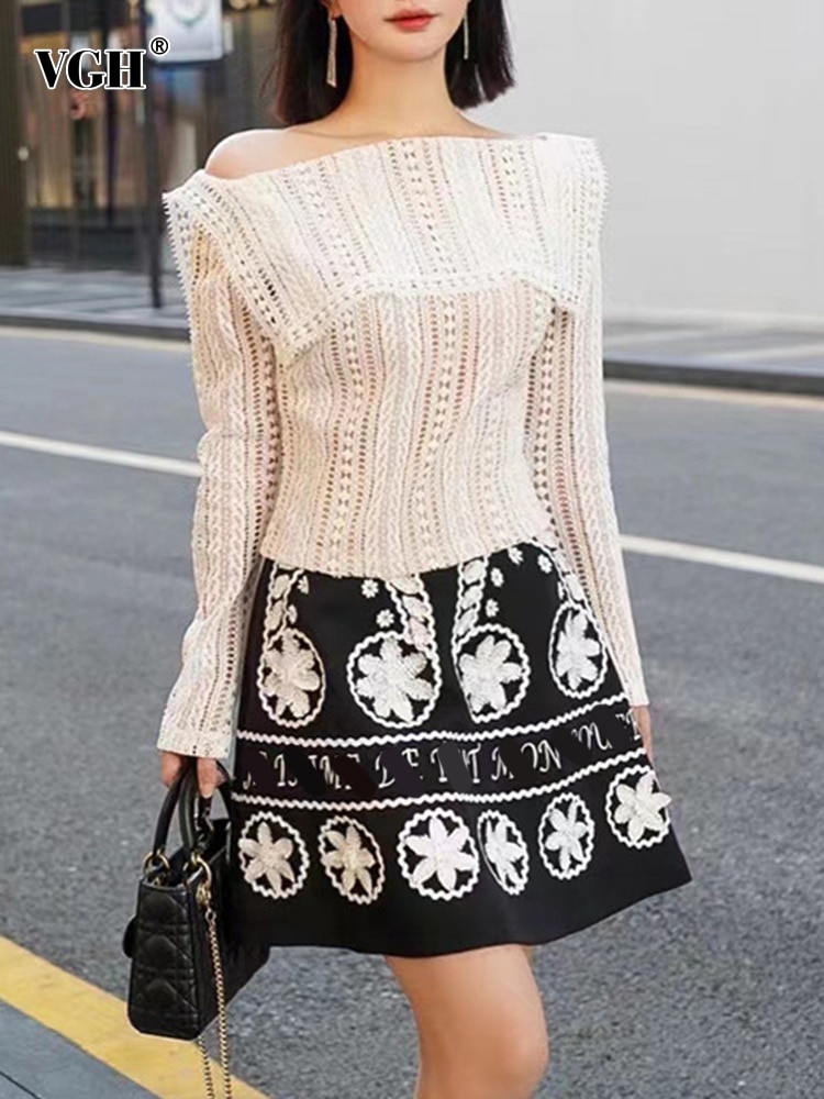 VGH Casual Embroidery Two Piece Sets For Women Slash Neck Long Sleeve Shirts High Waist A Line Skirt Slimming Set Female Clothes
