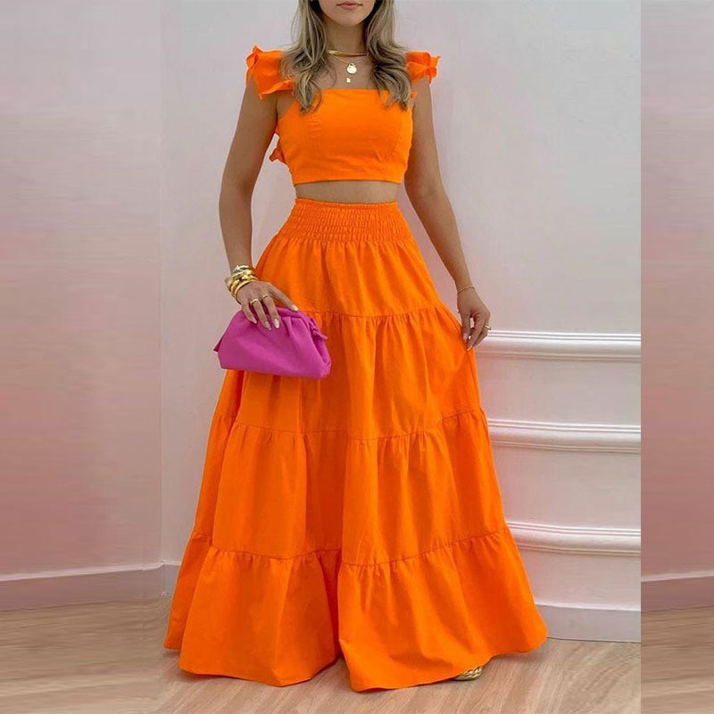 HOUZHOU Dress Sets Women Fashion Summer Ruffle Sexy Strap Solid Tight Crop Top High Waist Swing Maxi Skirt 2 Piece Set Casual