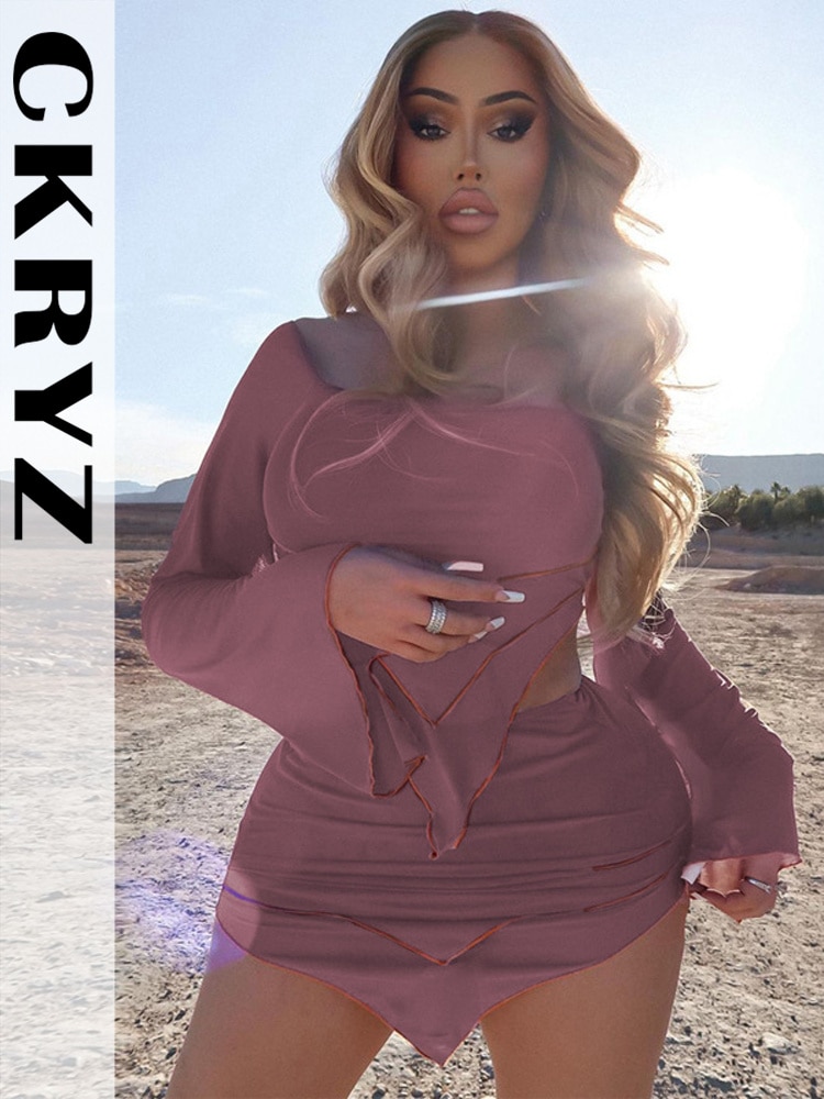 Ladies Summer Irregular Off Shoulder Y2K 2 Pieces Long Sleeve Tank Top Mini Skirt Set Women New Fashion Birthday Party Clubwear