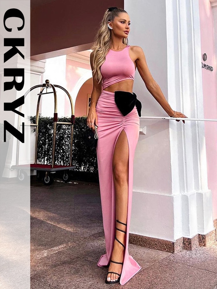 Ladies Summer 2023 2 Pieces Sleeveless Sexy Crop Top And Side Slit Maxi Skirt Set Women New Fashion Y2K Evening Party Clubwear