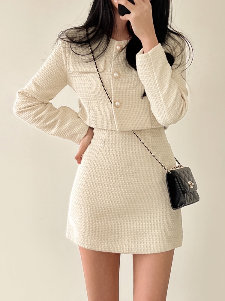 High Street French Vintage Small Fragrant Two Piece Set Women Short Jacket Coat + Skirt Suits Fall Winter Fashion 2 Piece Outfit
