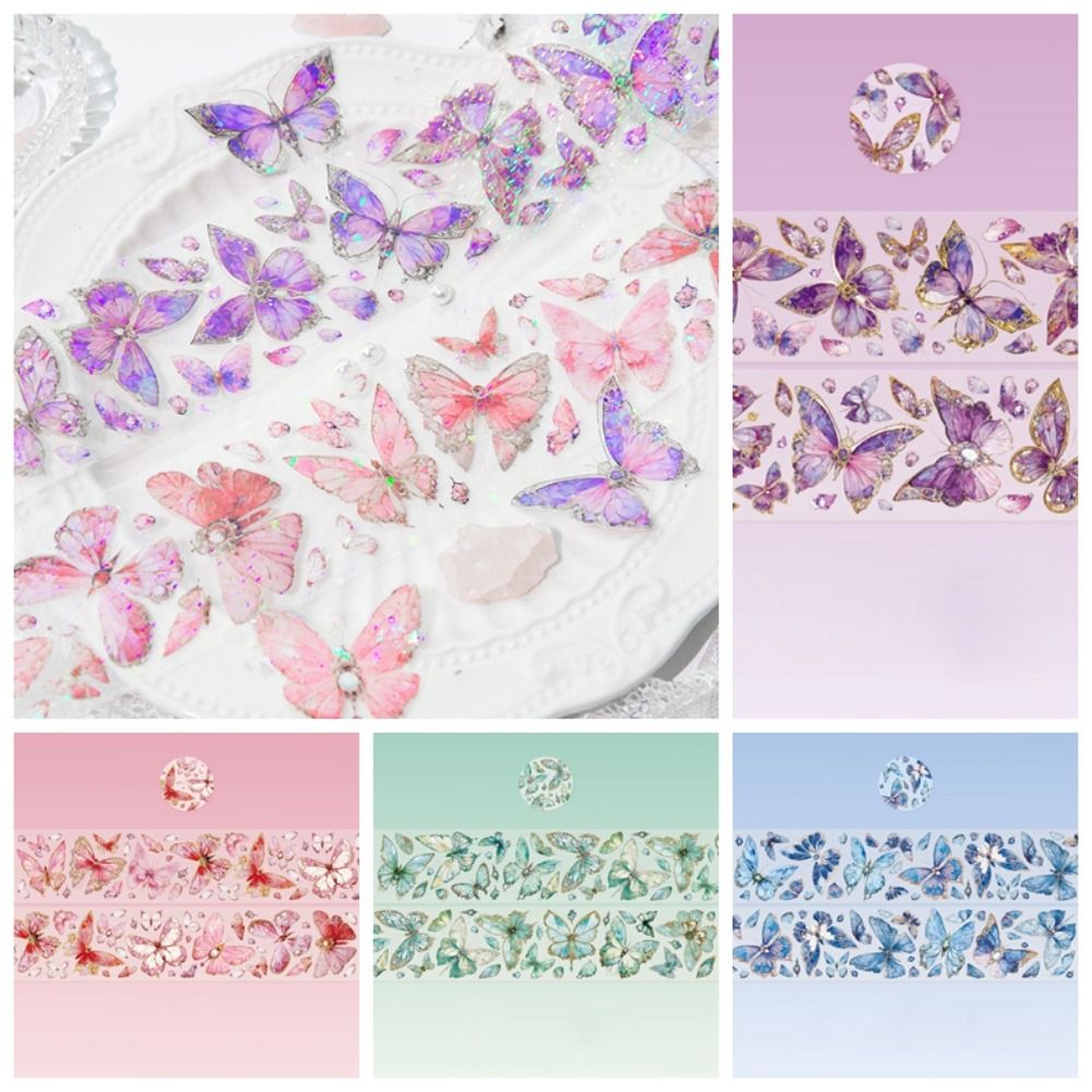 Aesthetic Handmade Collage Tape 50mm*2m Butterfly Bling Collection Masking Tape Shiny PET DIY Crafts Tapes Diary Album