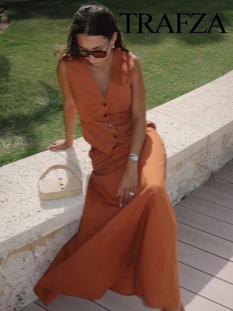 TRAFZA Summer Fashion Women's Mid-length Pleated Skirt Suit Retro V-neck Single-breasted Women's Short Top Vest 2-piec
