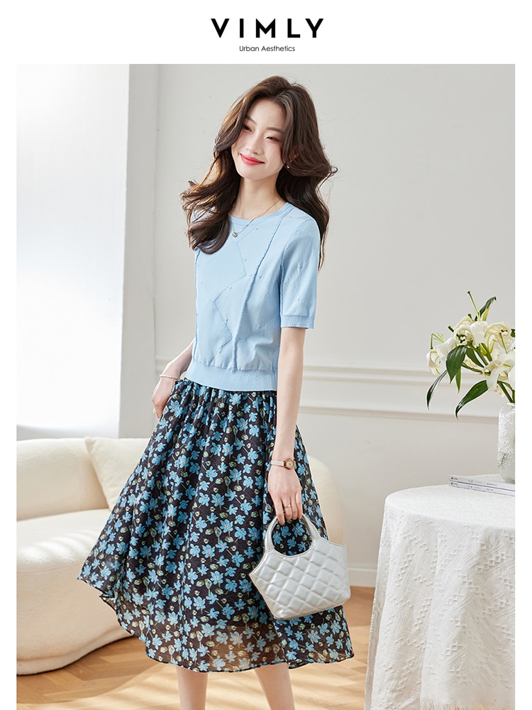 Vimly Short Sleeve Knitted Sweater Two Piece Set for Women 2023 Summer Fashion Floral Printed Skirt New In Matching Sets M1792