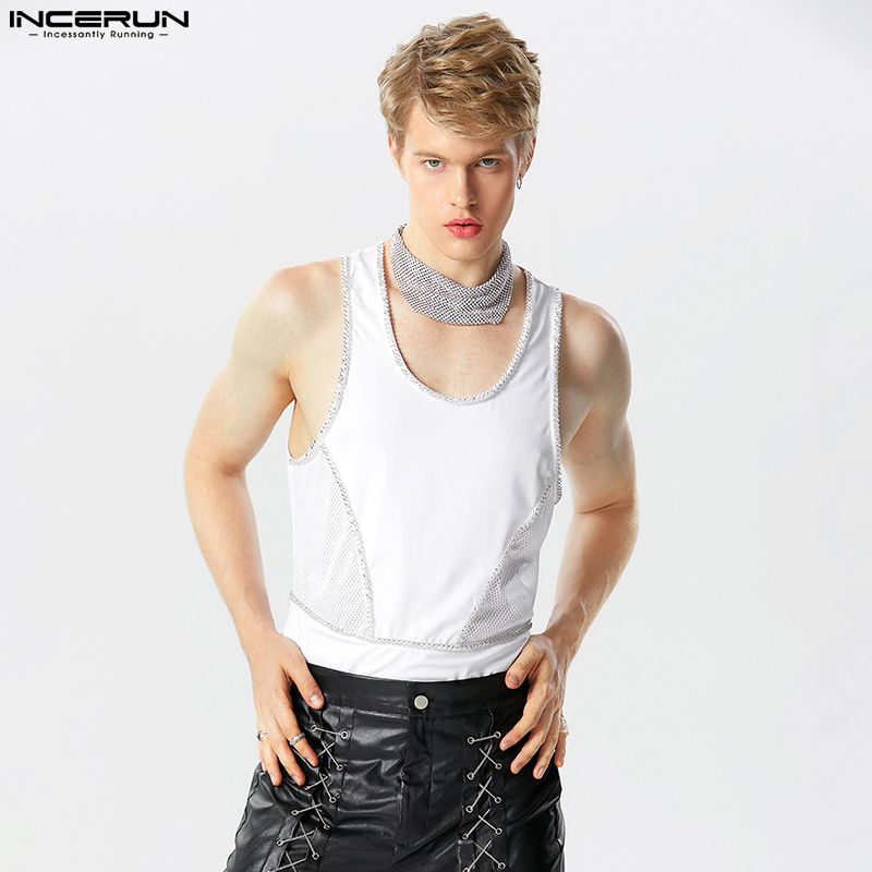 Sexy Well Fitting Mens Homewear Bodysuits INCERUN Stylish Leisure Male Flash Fabric Splice Solid Sleeveless Jumpsuits S-5XL 2023
