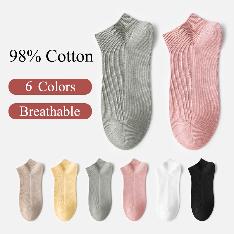 New Socks Women's 98% Cotton Breathable Absorb Sweat Solid Color Ankle Socks Short Summer Thin Striped Socks Ladies Deodora