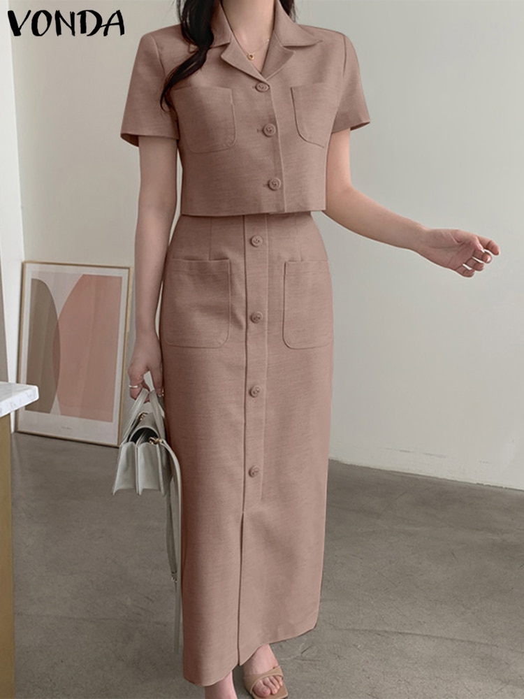 VONDA Elegant Dress Sets Women Summer Fashion Suits 2023 Casual Short Sleeve Tops and Long Skirts Loose Solid Color 2PCS Sets