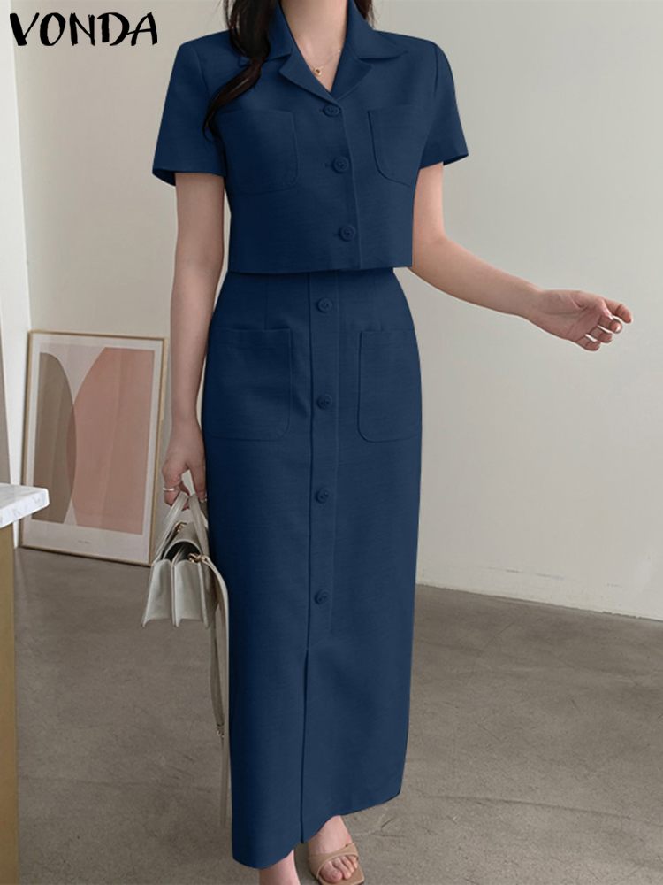 Matching Sets 2023 Elegant Dress VONDA Office Sets Women Short Sleeve Summer Fashion Suits V-Neck Sexy Tops + Casual Long Skirts