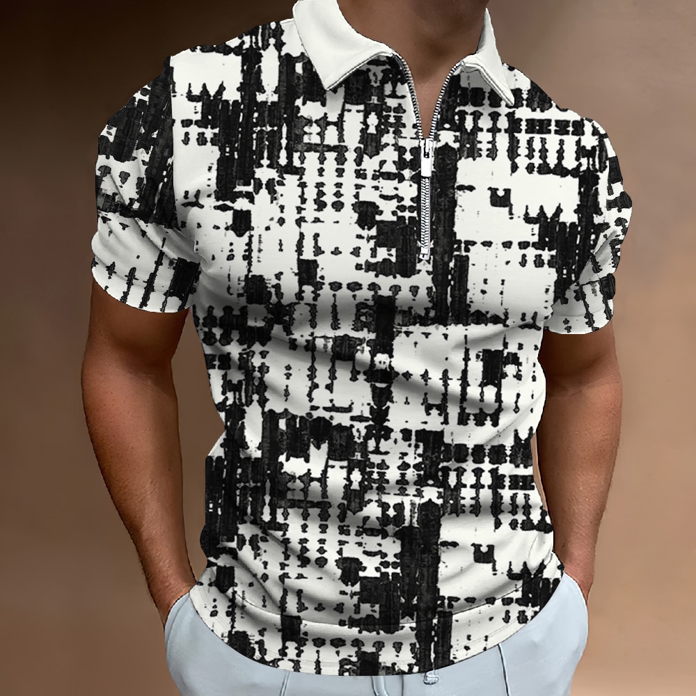 Men'sVintage Lapel Zipper Polo Shirt Plaid Printing T Shirt Fashion Streetwear Casual Oversized Golf Shirt Man Clothing 202