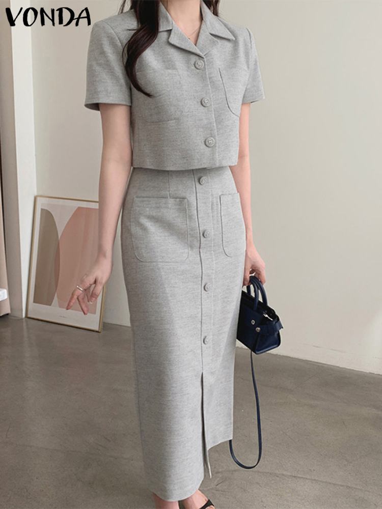 VONDA 2PCS Elegant Dress Sets Women Summer Fashion Suits 2023 Casual Short Sleeve Tops and Long Skirts Loose Solid Color Sets