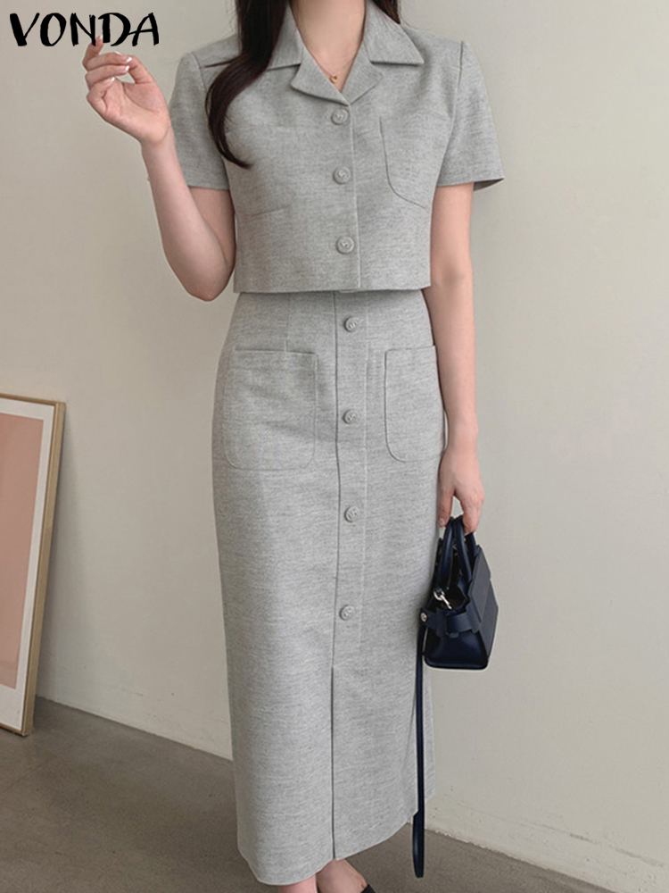 Summer Sets VONDA Elegant Dress Sets Women Casual Fashion Suits 2023 Short Sleeve Tops and Long Skirts Loose Solid Color 2PCS