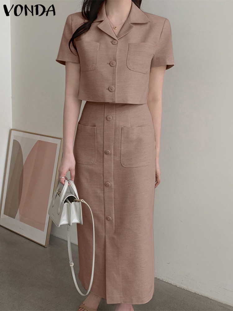2023 Summer 2PCS VONDA Elegant Dress Sets Women Fashion Suits Casual Short Sleeve Tops and Long Skirts Loose Solid Color Sets