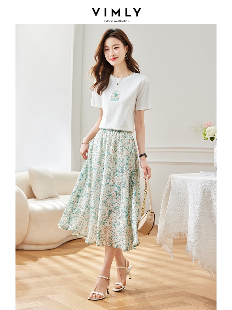 Vimly Summer 2 Piece Skirt Sets Women Outfits 2023 White Art Printed O-Neck T-shirt and Floral Printed A-line Skirt M1915