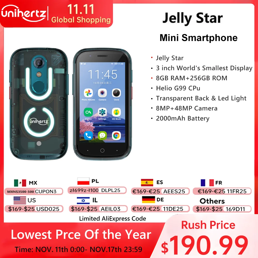 Unihertz Jelly Star Mini Smartphone Android 13 8GB 256GB Led Light Unlocked Transparent Backshell Cellphones 48MP 3 inch Phone