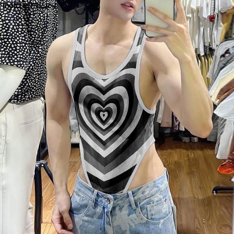 Men Bodysuits Printing O-neck Sleeveless Skinny Sexy Summer Male Rompers Tank Tops 2023 Fashion Bodysuit Pajamas S-5XL INCERUN