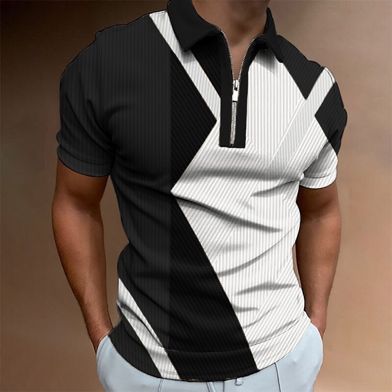 2023Men'S Polo Shirt Fashion Stripe Short Sleeve Shirt Top Summer Casual Sports Zipper T-Shirts Oversized Street Daily Clot