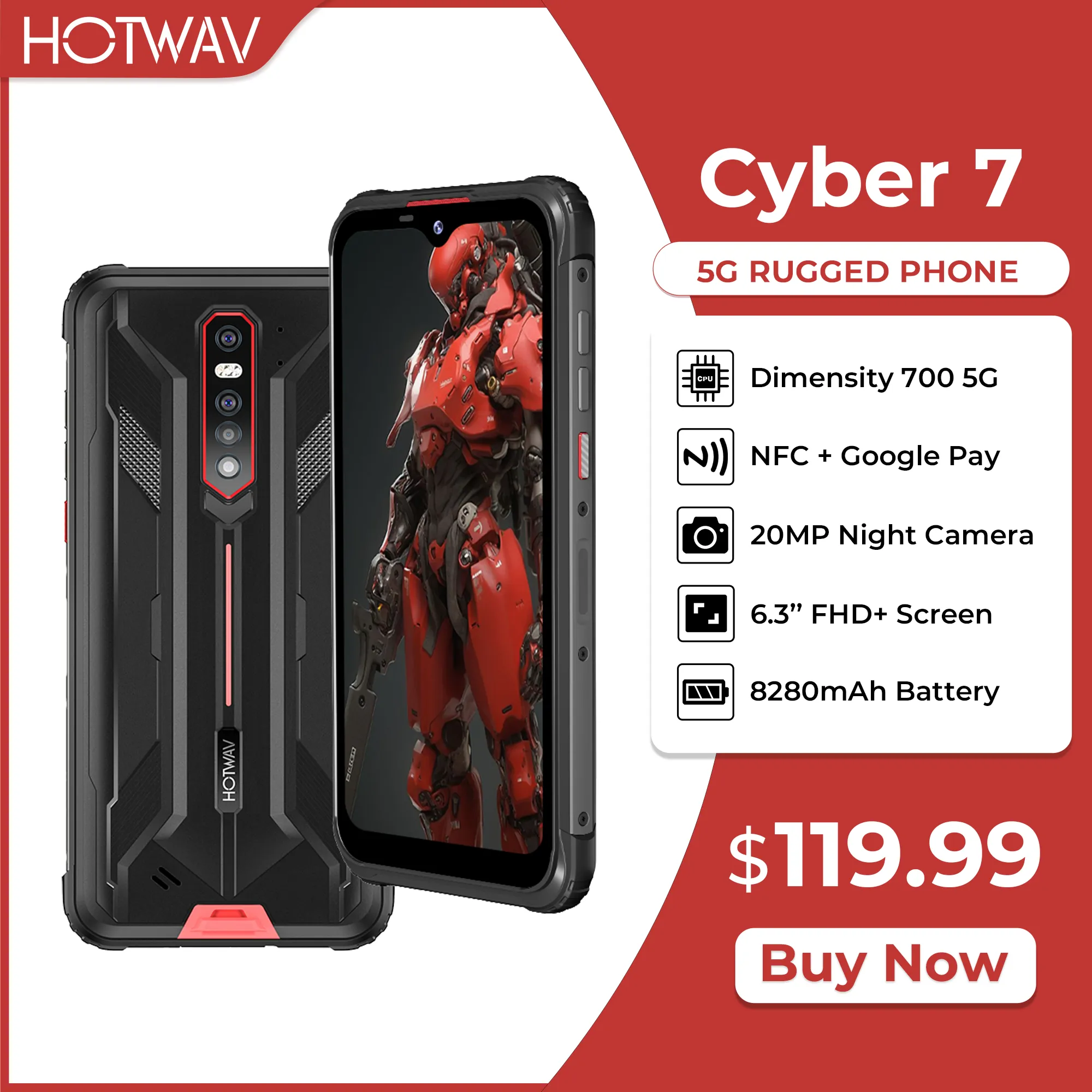 HOTWAV Cyber 7 5G Rugged Handset 6.3 Inch FHD+ Screen 8GB RAM 128GB ROM 8280mAh Battery 48MP Rear 20MP Night Vision Camera NFC
