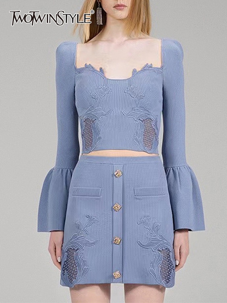 TWOTWINSTYLE Solid Hollow Out Two Piece Sets For Women Square Collar Flare Sleeve Tops High Waist Skirt Chic Slimming Set Female