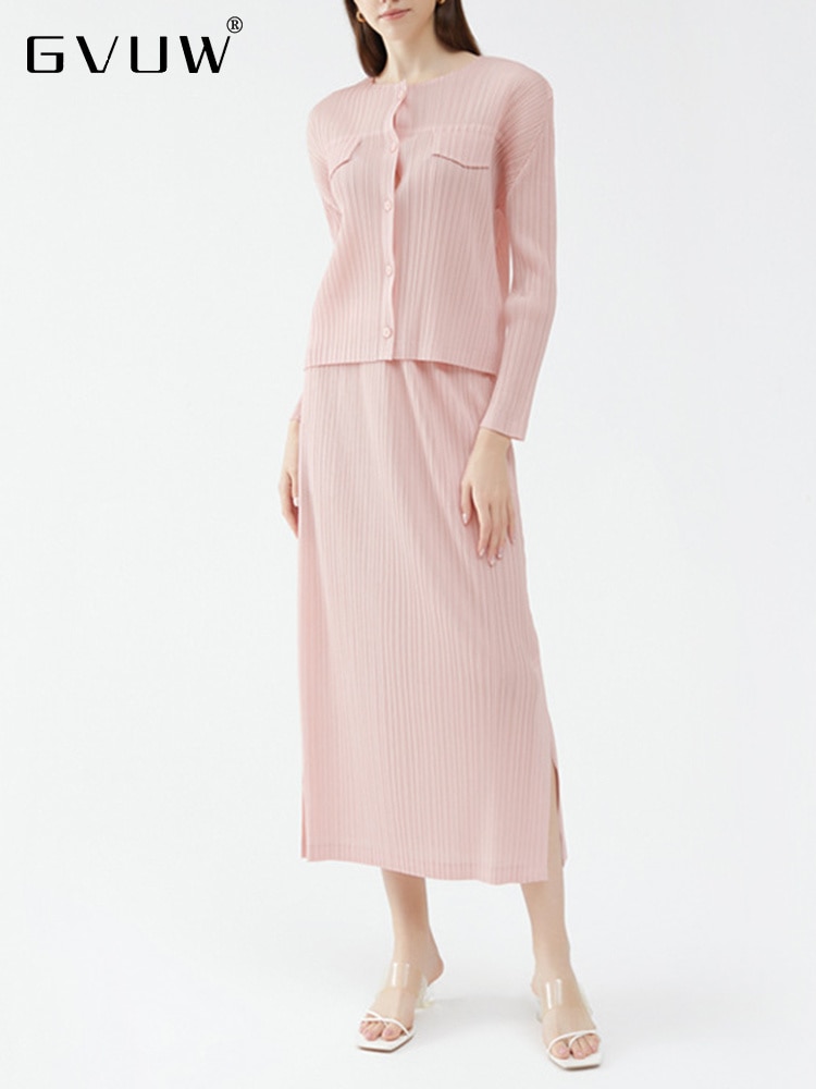 GVUW Simplicity Pleated Two Piece Set Women's 2023 Autumn New Solid Color O-neck Single Breasted Top Split Skirts Female 17