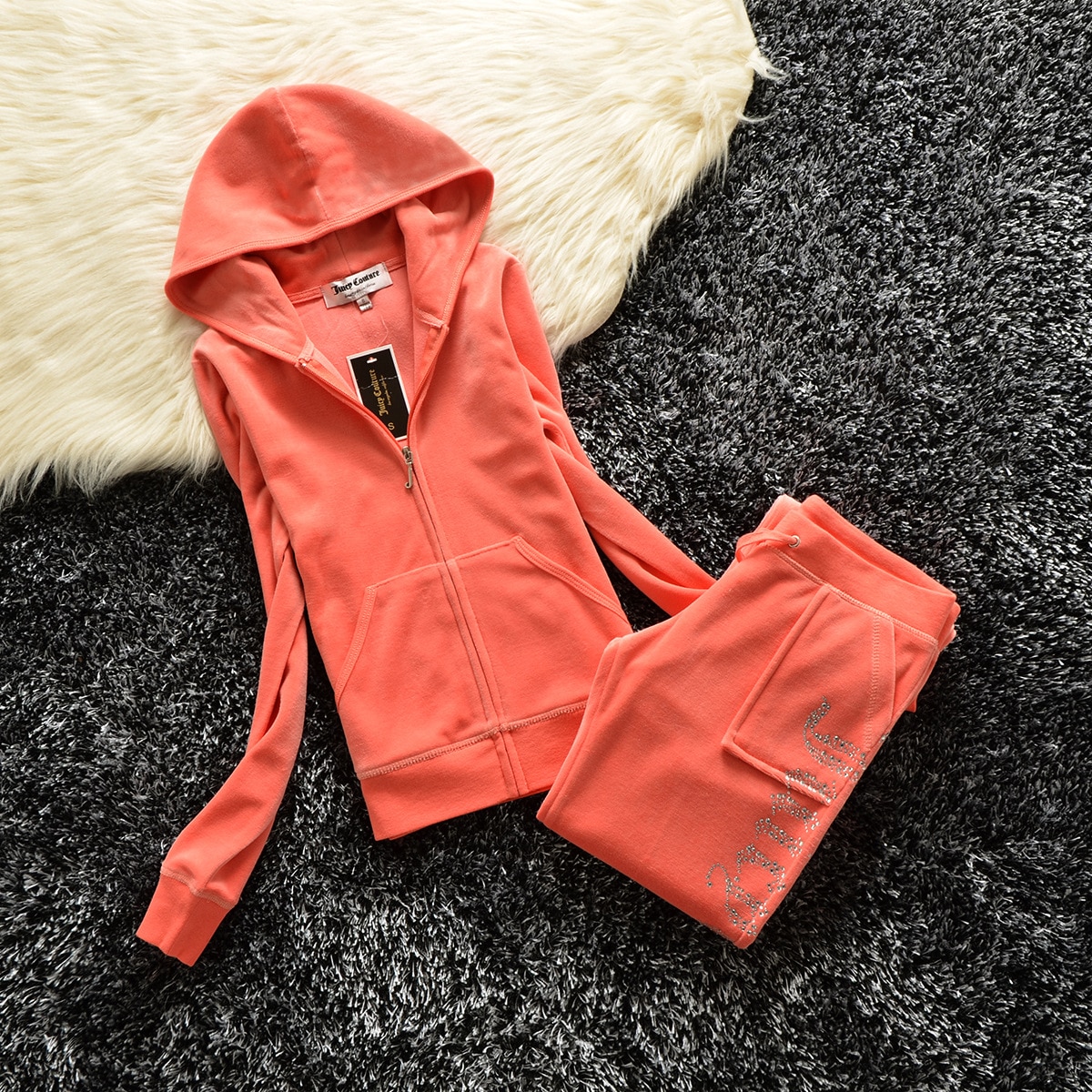 Juicy Tracksuit Set Juicy Coutoure Velvet Ladies Tracksuit Solid Crown Crystal Decoration Hoodie Sportswear Casual Trousers 2pc
