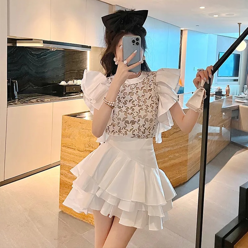 Y2K Clothing Summer Outfits For Women 2023 Fashion All-match Flying Sleeve Lace Shirt+Ruffles Mini Dress 2 Piece Sets Streetwear