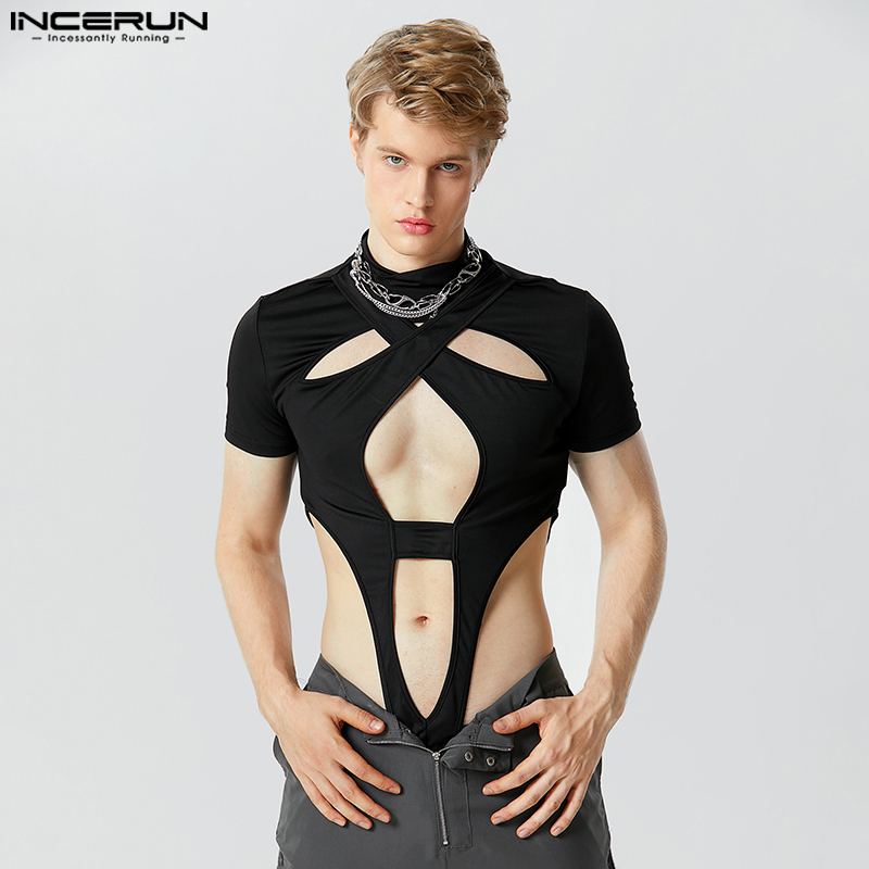 Casual Fashion Style New Men's Homewear Jumpsuits INCERUN Hollow Short Sleeve Half High Neck Solid Triangle Bodysuits S-5XL