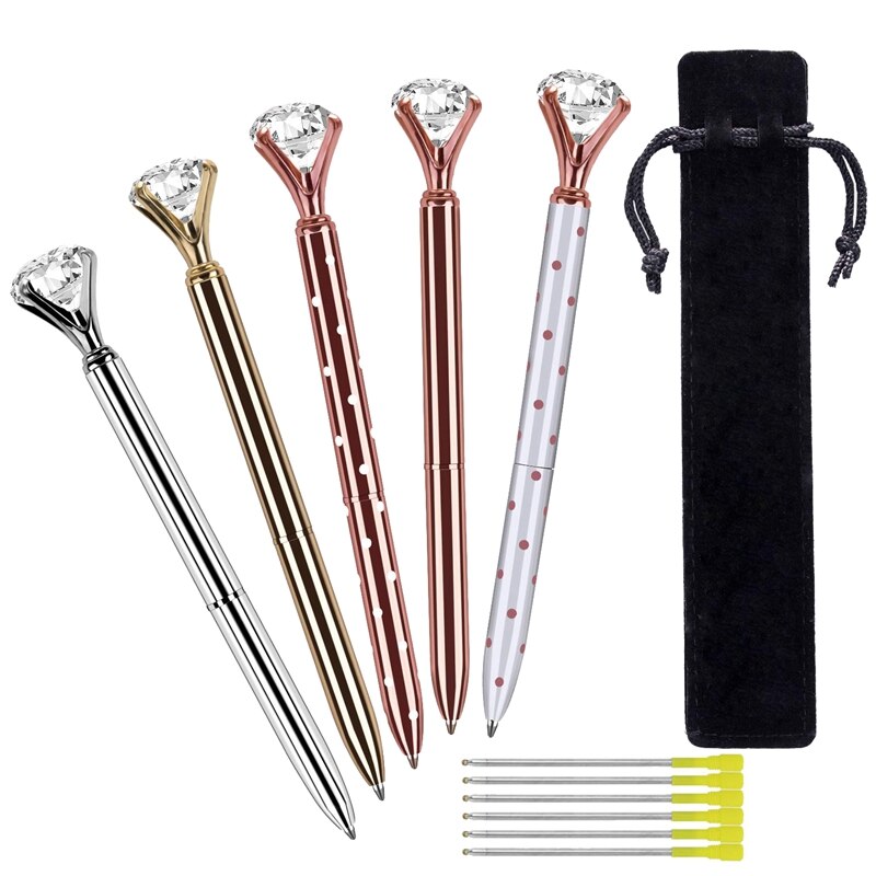 NEW-5 Pcs Big Crystal Diamond Ballpoint Pen,Metal Ballpoint Pen Office Supplies,With 5 Ballpoint Pen Refills, 1 Black Velvet Bag