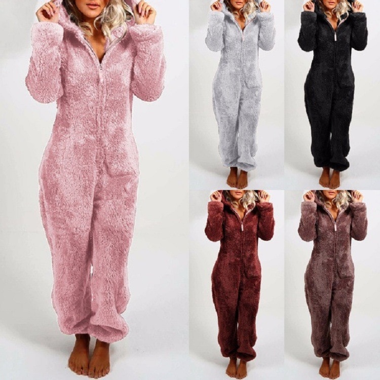 2023 Autumn and Winter Onesies Plush Pajamas Women's Sleep Fleece-Lined Thickened Fleece Jumpsuit Home Hooded Pajamas Loung