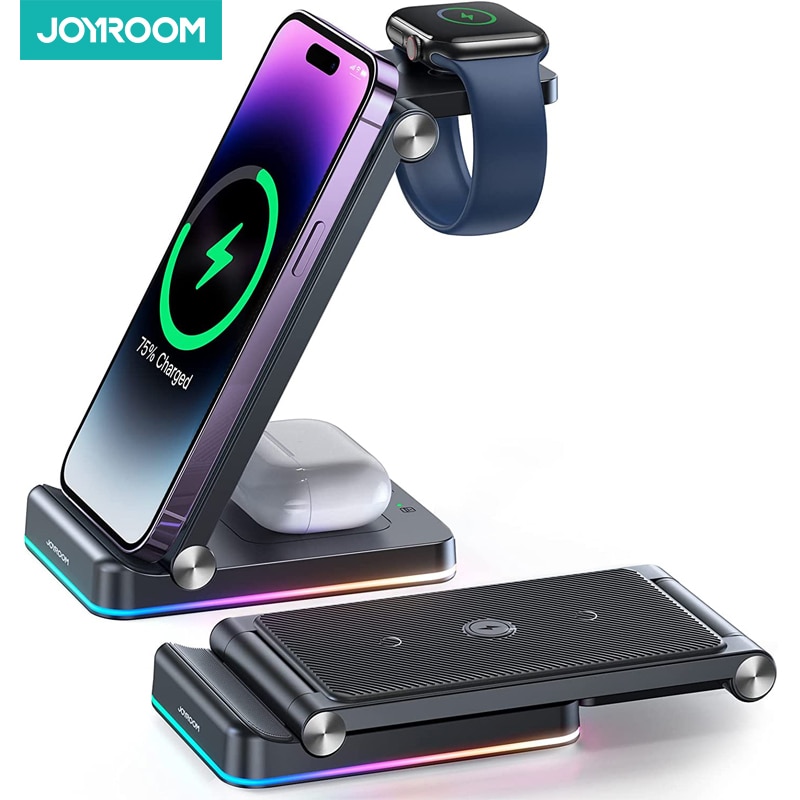 Joyroom Foldable Wireless Charger 3 in 1 Multiple 15W Fast Charging Station For Apple Watch For Phone For Airpods On Table