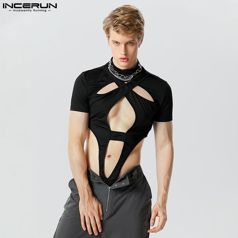 2023 Men Bodysuits Solid Turtleneck Short Sleeve Hollow Out Unisex Rompers Sexy Fashion Male Bodysuits T Shirts S-5XL INCERUN