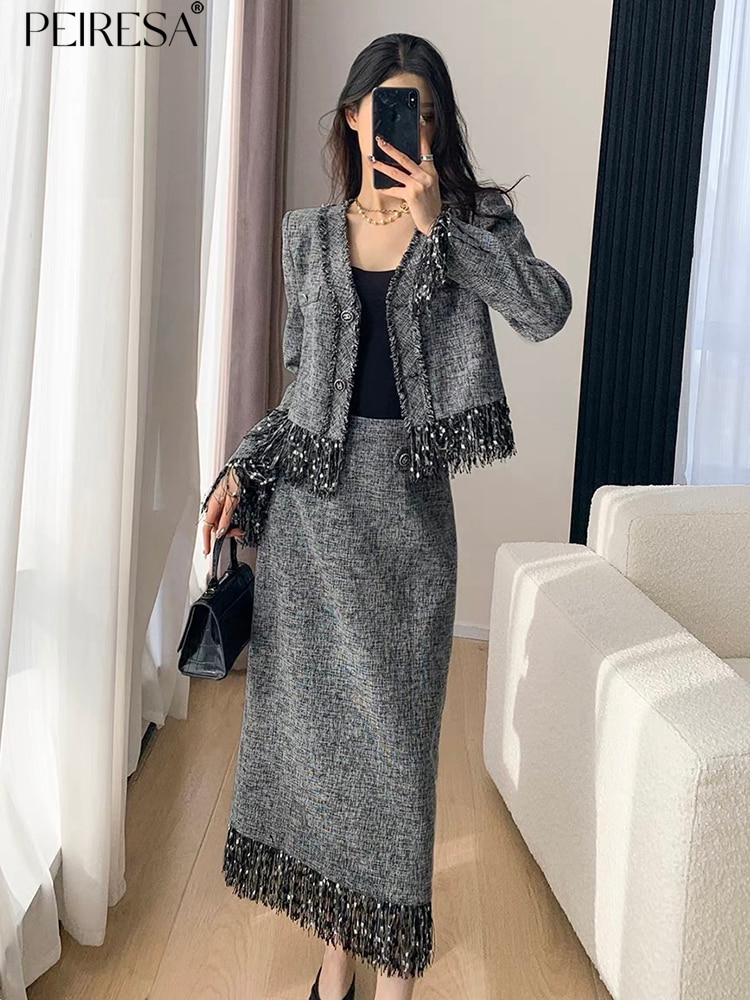 PEIRESA 2023 Autumn New Two Piece Set For Women Fashion Tassel Patchwork V Neck Long Sleeve Tops + High Wiast Split Midi Skirt