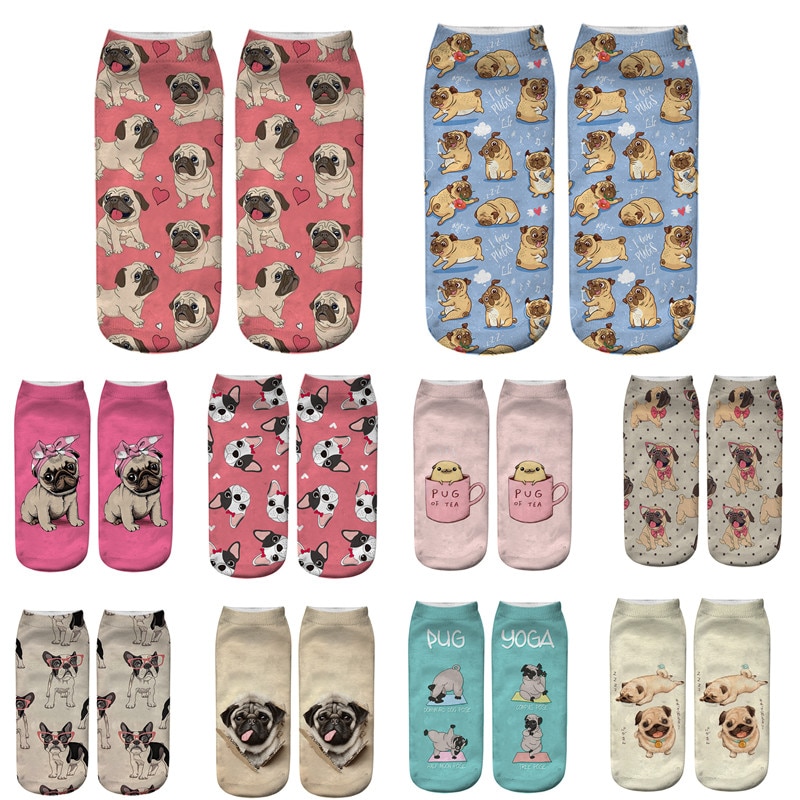Cute Pug Corgi Bulldog Dog Animal Socks Women's Short Funny Cartoon Cotton Creative Funny Ladies 3D Print Low Ankle Socks