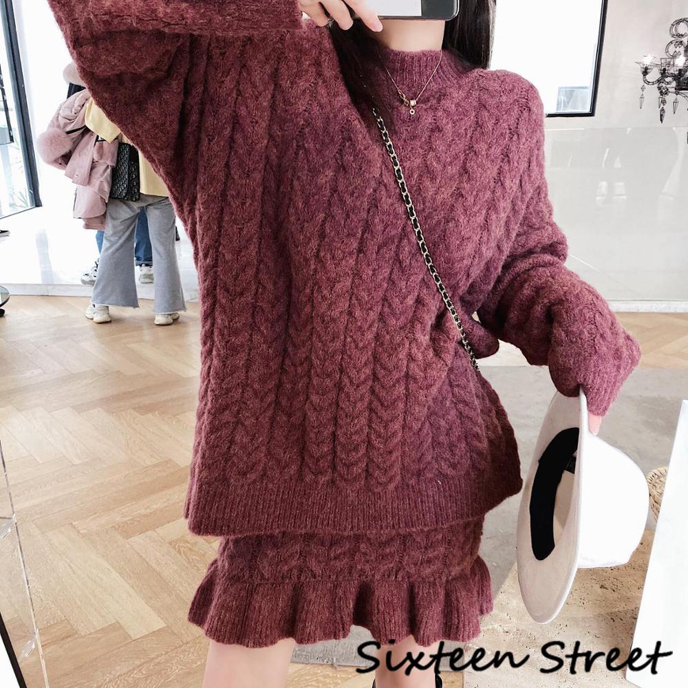 Women Winter Sweater Clothes Set Ladies Knitted Autumn Long Sleeve Top and Mini Skirt Solid Color Loose Vintage O Neck 2022 Fall