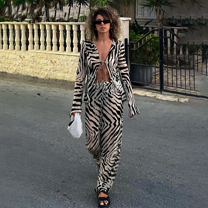 MODX European and American women's sexy strappy printed long sleeved shirt top+casual strappy pants two-piece set